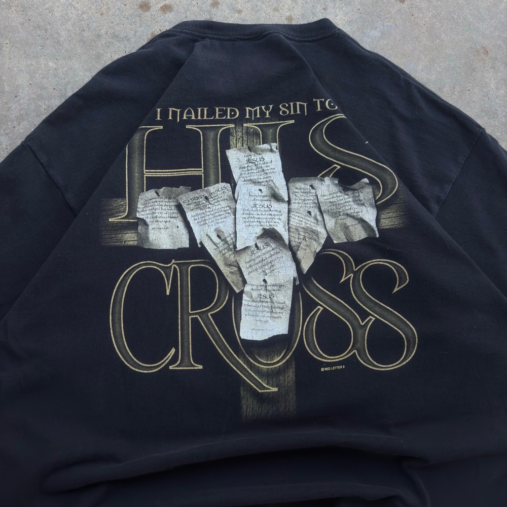 Vintage 90s Jesus Shirt Christian Cross Faded Black 2XL (d11)